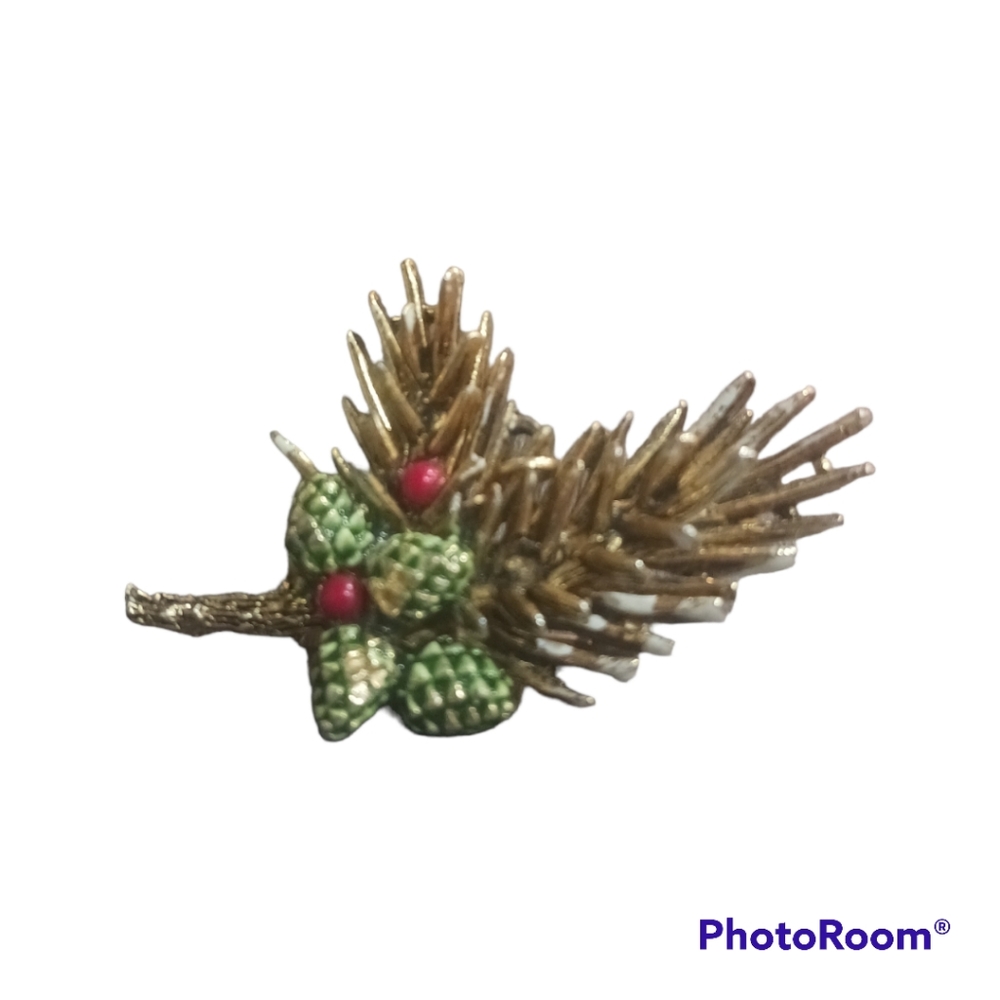 Signed ART Vtg Brooch Pin Goldtone Christmas Tree Branch Ornament Pine Cone RARE